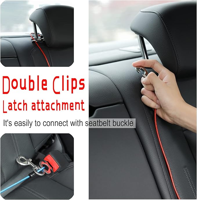 Mi Metty Dog Seat Belt Harness for Car,Dog Seatbelt of Coated Wire Leash Safety Restraint, No Chew Tether Cable Vehicle Dog Accessories, Double Clips & Latch Attachment (Black, 16 Inch/40 Cm)