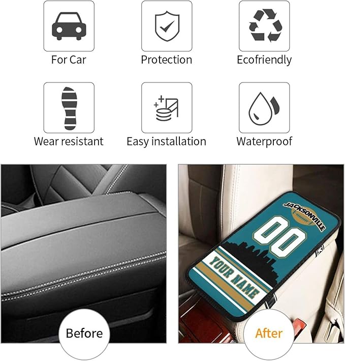 Custom Jacksonville Car Armrest Covers Personalized Football Style with Name Number Customized Auto Center Console Pad Car Handrail Box Cushion for Most Vehicle Decor Accessories, Fans Gift