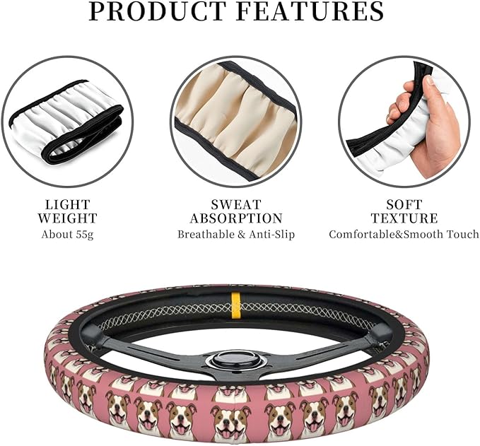 Pit Bull Smile Universal Fit Steering Wheel Cover for Car, Truck, and SUV, Durable Steering Wheel Protection