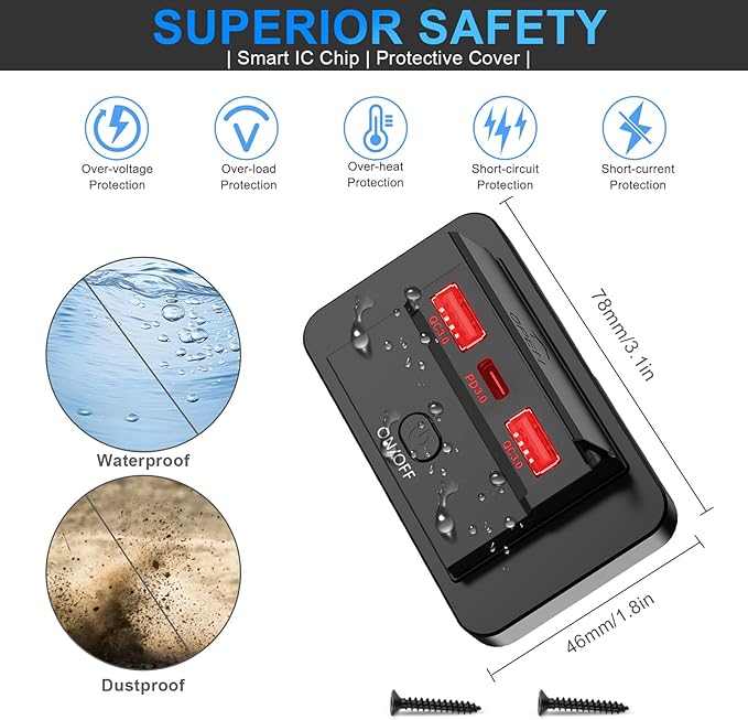 2PCS 3 Ports 12V RV USB Outlet 72W, Dual QC3.0 36W & PD3.0 Type-C Quick Charge 36W Panel Wall Mount, Automotive Car Socket Charger Adapter for Marine Boat Bus ATV Motorcycle Truck