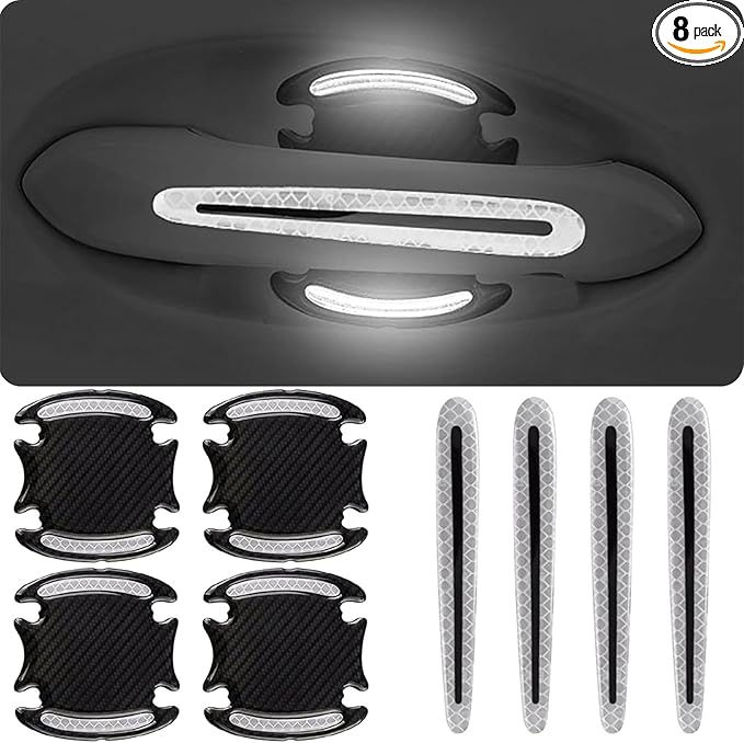 8Pcs Car Door Handle Protector Reflective Sticker,3D Carbon Fiber Universal Door Handle Scratch Protector Cover,Self-Adhesive & Non-Marking,Paint Guard Protective Films (White)