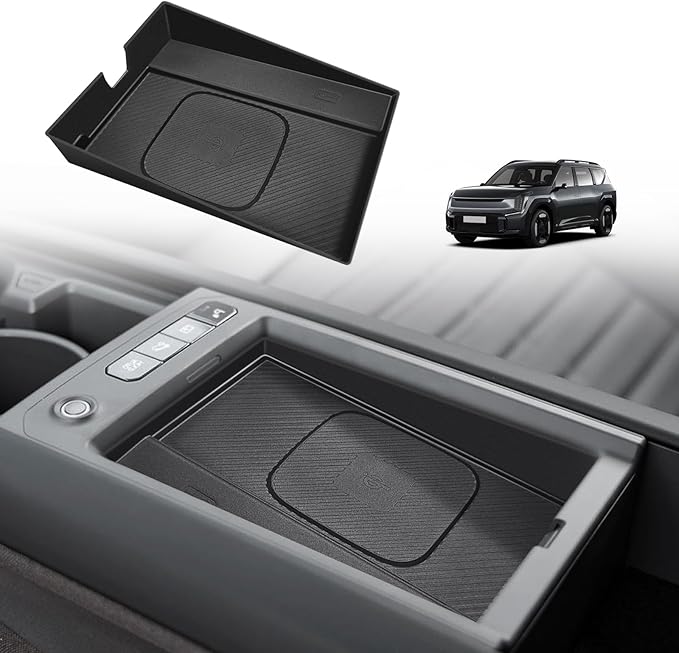 BestEvMod Center Console Wireless Charger Mat Compatible with Kia EV9 Accessories 2024 2025 2026 Phone Charge Area Silicone Cover Non Slip Silicone Pad Black