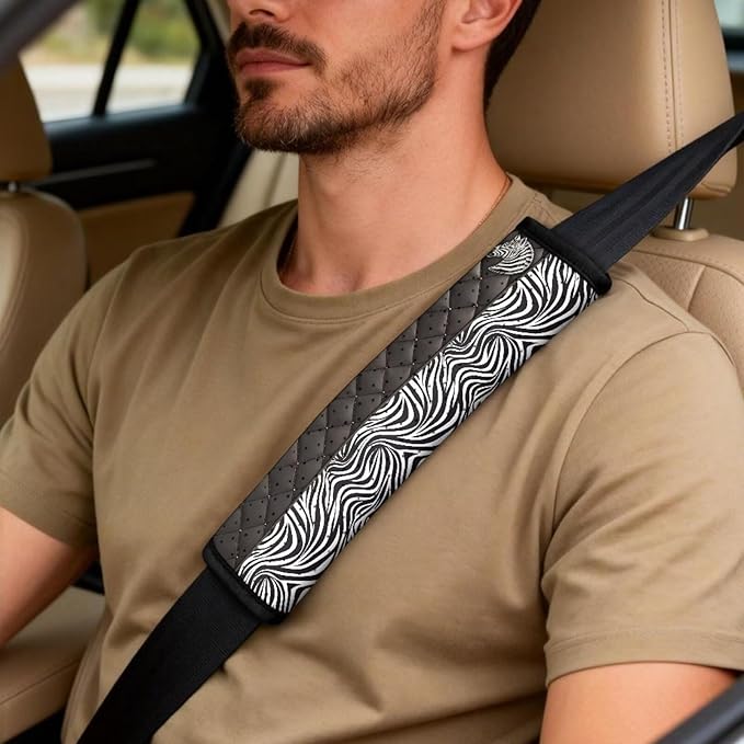 Qeluxign PU Leather Car Seat Cover Set of 5 Auto Accessories 2 Front Bucket Seat Covers, 2 Seatbelt Pads & 1 Armrest Cover, Easy to Install,Zebra Print Zebra Head