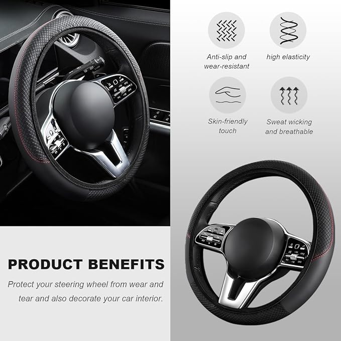 Car Steering Wheel Cover, 15 Inch Carbon Fiber Elastic Vehicle Steering Wheel Protector, Breathable Leather Auto Wheel Covers for Women Men, Interior Car Accessories (Black, AD)
