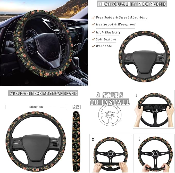 Dragonfly Flower Printed Car Interior Cover Sets, Set of 10, Includes Car Front and Rear Seat Protector, 15 Inch Steering Wheel Cover, Coaster, Trash Can, Air Vent Storage Bag, Keychain