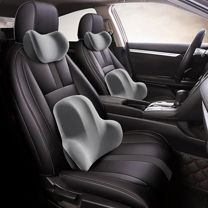 Car Headrest & Lumbar Support Cushion for Ford F-350 SuperCrew 2009-2024, Ergonomic Memory Foam Seat Headrest Neck Rest Cushion Travel Kit Removable for Neck Back Pain Relief,Gray