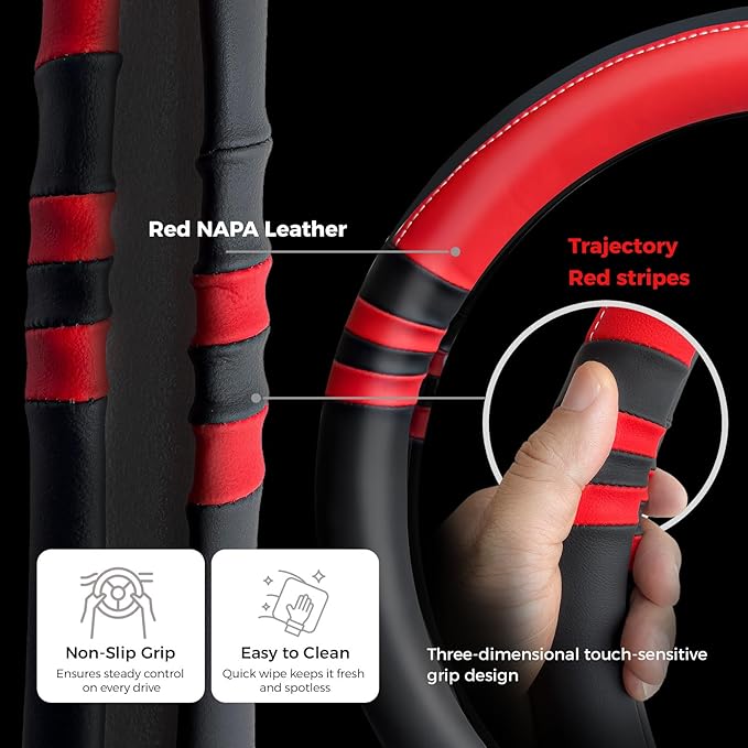 Steering Wheel Cover, Two-Tone Black and Red NAPA Leather, Non-Slip and Sweat Absorbent, 15" Steering Wheel Covers for Men Women, Black (Red, M-15)