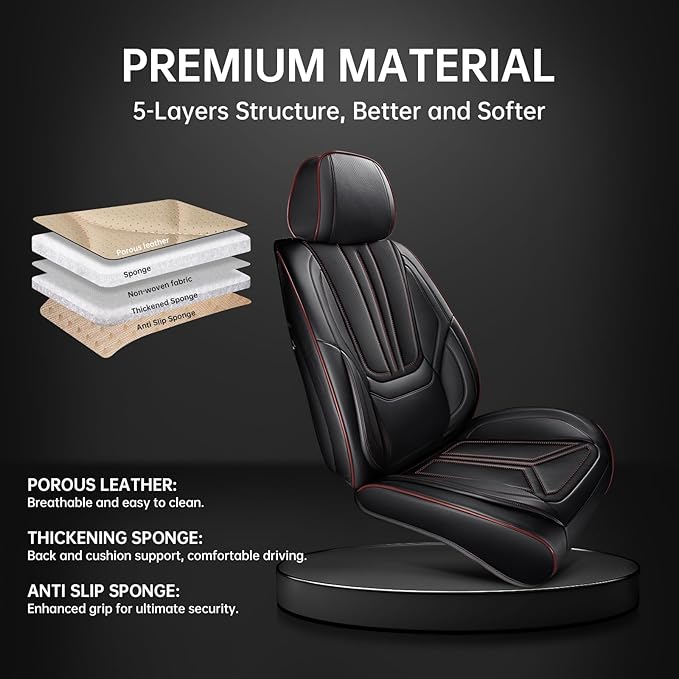 SCDOOCA Car Seat Covers Full Set, Luxury Leather Car Seat Covers, Waterproof and Breathable Seat Covers, Universal Car Seat Protector Fit for Cars, Trucks, SUVs, Pick-ups (Black&Red line, FullSet)