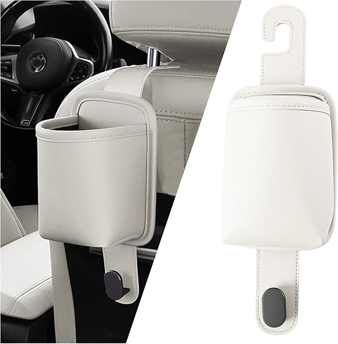 2-Pack Car Seat Back Cup Holder Organizer, Faux Leather Car Cup Holders with Hooks, Universal Backseat Storage for Drinks, Bottles & Travel Accessories (White)