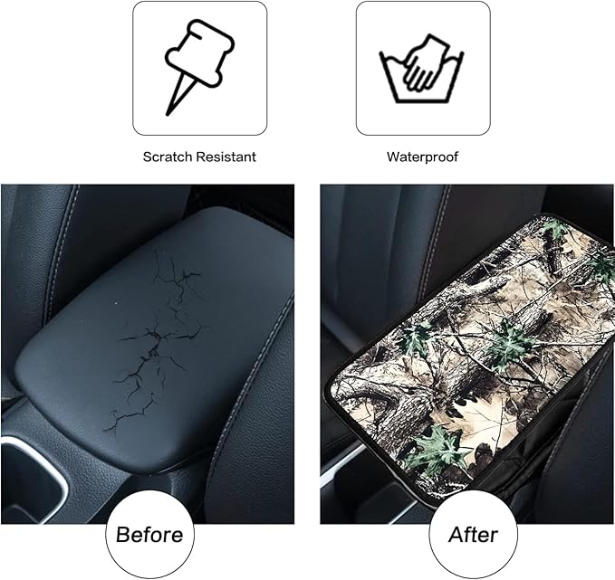 JANENFNA Car Armrest Cover Pads Universal Fashion Cute Auto Center Console Armrest Cover Pad with 2PCS Car Coasters Soft Waterproof Car Armrest Seat Protector for Women,Camouflage Leaves