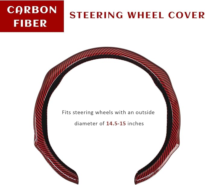 Sun Walker Carbon Fiber Car Steering Wheel Cover, 15" Anti-Slip Wear-Resistant Steering Wheel Protector Stylish Interior Decor, Ultra-Thin Comfortable Leather Wheel Cover for Women Men (Red)
