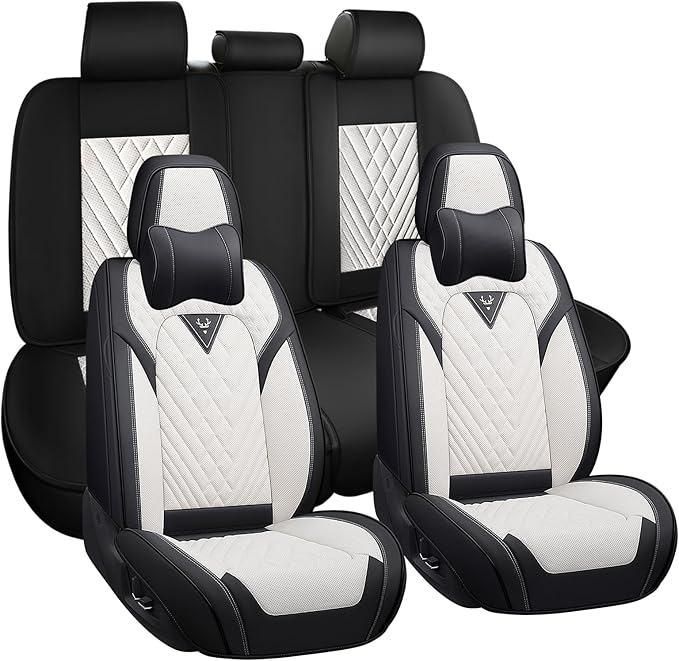 for Kia Sportage Car Seat Covers Full Set,Leather Seat Covers for Car,Lumbar Muscle Pain Healing Function,Waterproof Automobile Seat Protector with Lumbar Support(Black White with Pillow)