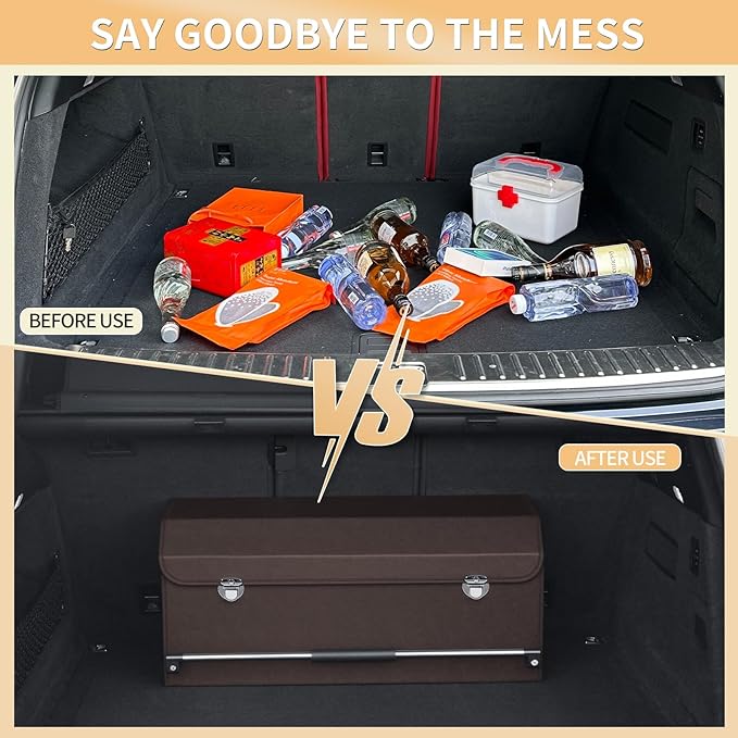 XCF Car Trunk Organizer for SUV Car Trunk Storage Organizer with Lid and Sturdy Handle Collapsible Trunk Organizer for Truck, Sedan, Van (Brown, 27.1 x 11.4 x 12.2in)