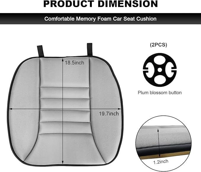 Car Seat Cushion, 1.2" Thick Comfort Memory Foam Auto Seat Pad with Non Slip Bottom, Breathable Driver Seats Pillow Pressure Relief Chair Cushion for Vehicle Office Home (Gray)
