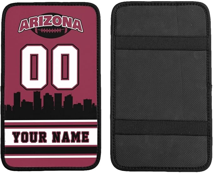 Custom Arizona Car Armrest Covers Personalized Football Style with Name Number Customized Auto Center Console Pad Car Handrail Box Cushion for Most Vehicle Decor Accessories, Fans Gift