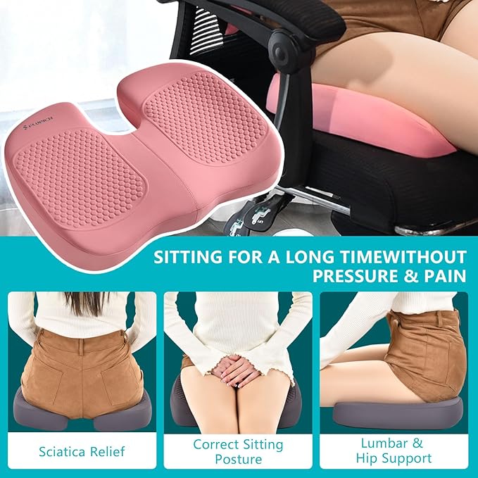 FLORICH Car Seat Cushion and Back Support for Office Chair Memory Foam Chair Cushions Pressure Relief Seat Pads with Gel Massage Point Lumbar Support (Light Pink)