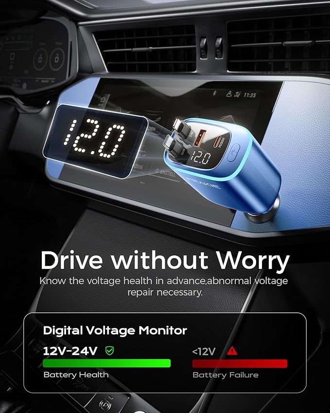 Car Charger, iPhone Fast USB C Phone Car Charger, Cigarette Lighter Adapter with 2 Cables 30 Inch and 2 USB Ports, Retractable 4 in 1Multi Port USB Car Charging for iPhone 17/16/15/14/13/Pro Max-Blue