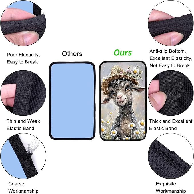 JANENFNA Car Armrest Cover Pads Universal Fashion Cute Auto Center Console Armrest Cover Pad with 2PCS Car Coasters Soft Waterproof Car Armrest Seat Protector for Women,Goat in Daisy Rain