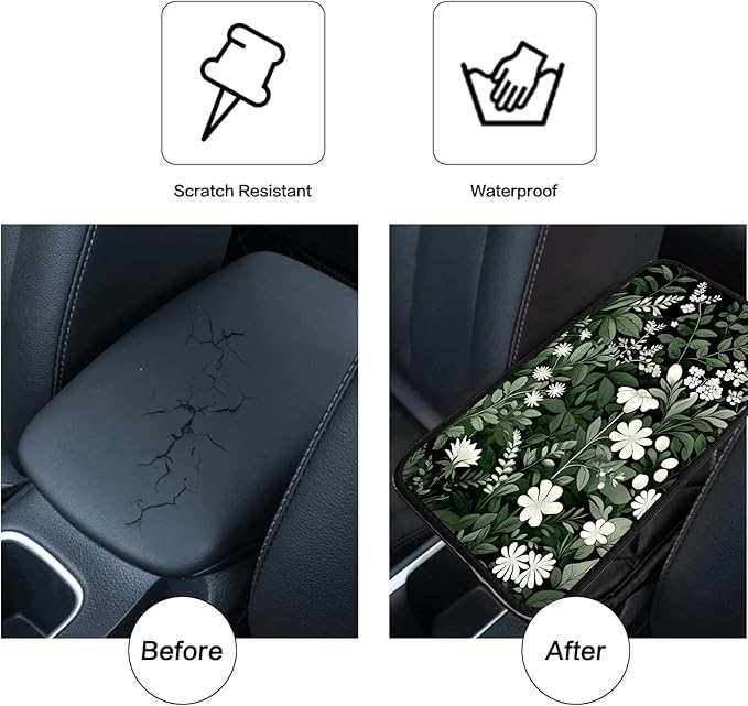 JANENFNA Car Armrest Cover Pads Universal Fashion Cute Auto Center Console Armrest Cover Pad with 2PCS Car Coasters Soft Waterproof Car Armrest Seat Protector for Women,White Flowers