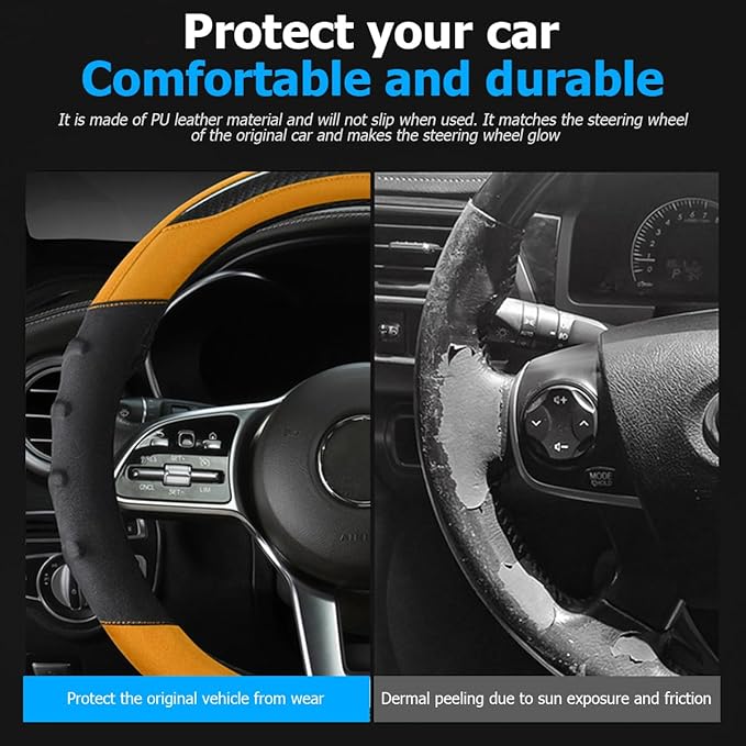 Car Steering Wheel Cover, Non-Slip Vehicle Steering Wheel Protector, Automotive Interior Accessories for Women Men, 15 Inch Universal for SUV, Truck, RV, Van and More（Black/Orange）