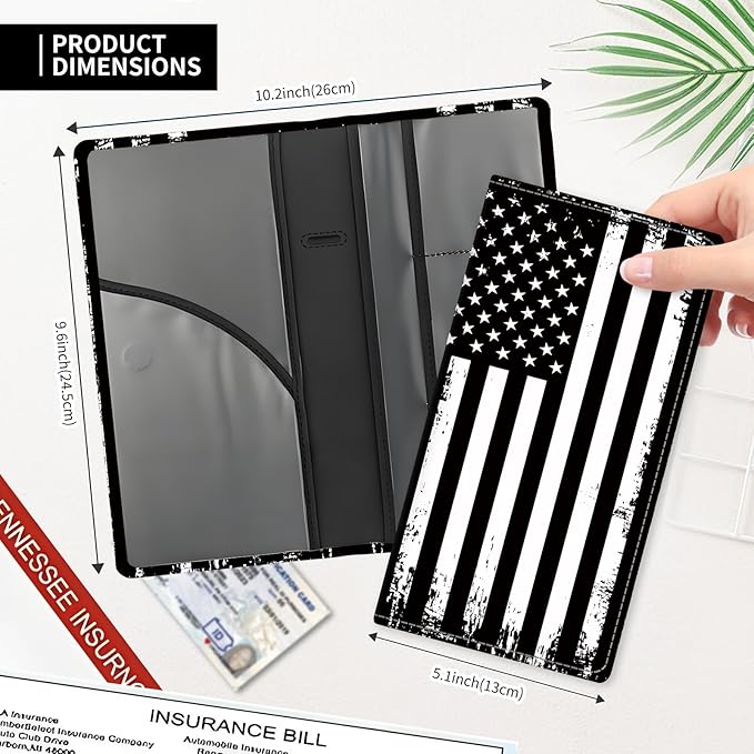 ADUQLZUX Leather Car Registration and Insurance Card Holder, Cute Car Accessories Vehicle Glove Box Car Organizer for Documents, Cards, License Retro American Flag