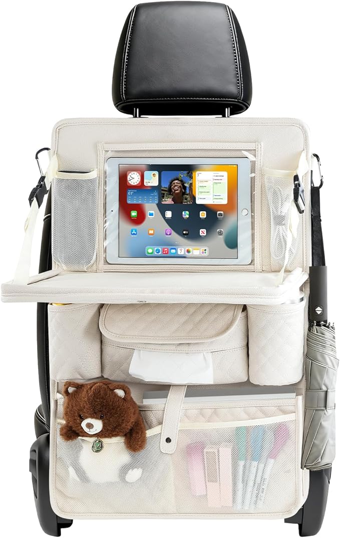 Rosynee Car Backseat Organizers 2 Pack with Foldable Trays - PU Leather Back Seat Organizers with 11 Storage Pockets, Tablet Holders, Seat Back Protectors for Kids Family Travel Accessories (Beige)