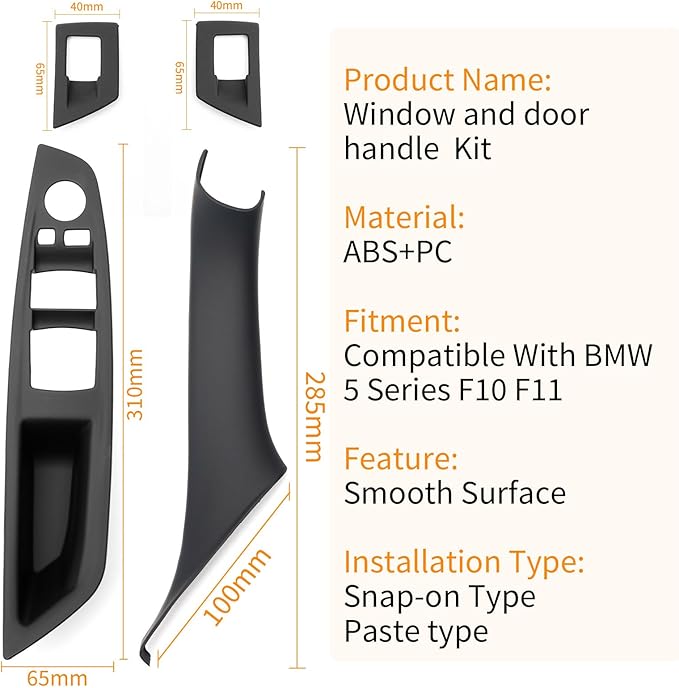 BJchiwu 7pcs No-Remove Interior Door Pull Handle Sticky Cover for BMW 5 Series F10/F11 520,523,525,528,530,535 (2010-2016) Fits Driver & Passenger Side Window Switch Armrest Panel (Black)