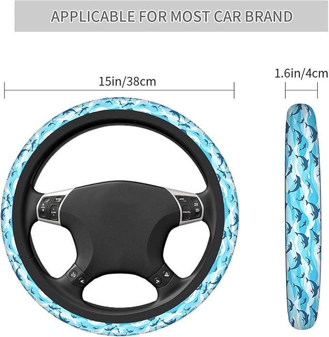 Swono Swimming Dolphin Steering Wheel Cover Cartoon Swimming Dolphin On Sea Wave Blue Background Universal 15 Inch Auto Car Steering Wheel Covers SUV Anti Slip Wheel Wrap Protector for Men Women