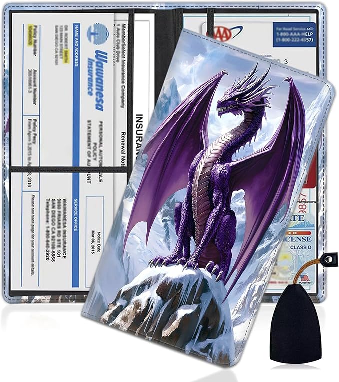 Car Document Holder with Magnetic Shut, Car Registration and Insurance Card Holder, Vehicle Glove Box Organizer Documents, Driver License, Auto Paperwork Organizer Wallet, Purple Dragon On Snowy Peak