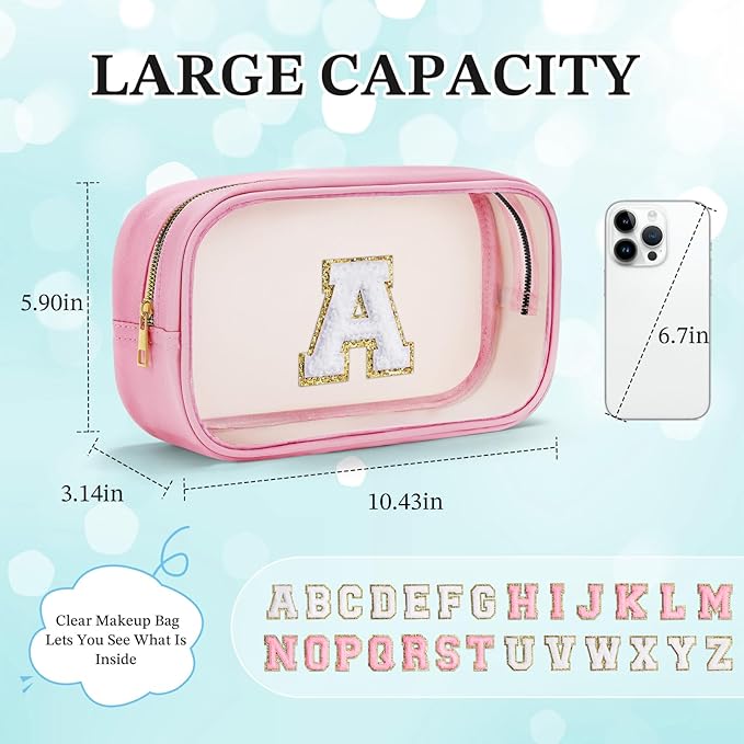 YOOLIFE Initial Valentines Gifts for Girls Kids Clear Makeup Bag Preppy Cosmetic Bags Organizer Travel Essentials Pink Gifts for Girls Teen Girlfriend Teacher Kids Birthday Gift Preppy Stuff M