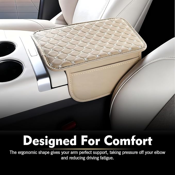 Car Center Console Cover, Leather Waterproof Armrest Cover Protector with 2 Side Storage Bags, 7.87" x 11.8" Comfort Anti-Slip Armrest Seat Box Pad, Universal for Most Cars (Beige)