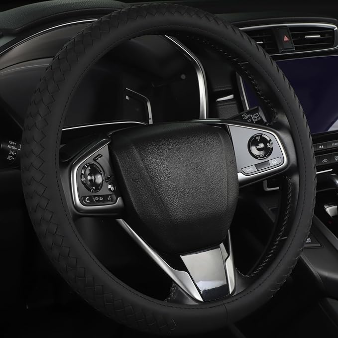 Leather Steering Wheel Cover Men，with Black Woven Pattern Car Accessories ，Anti-Slip, Safety, Soft, Breathable, Adaptable to 14.5-15 inches Steering Wheel Fit SUV， Jeep， Van，Sedan，Car