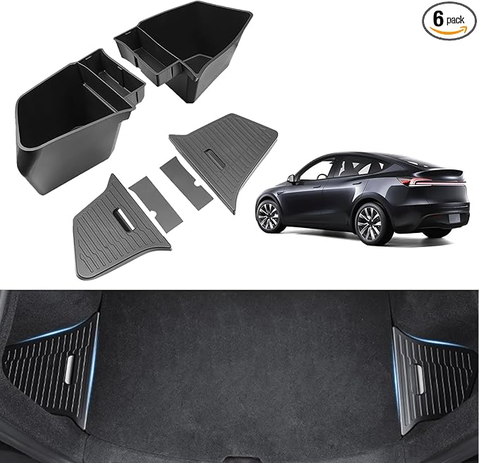 Safixion Bins with Lids for New Model Y Juniper 5 Seater Rear Trunk 2025-2026 Rear Storage Trunk Storage Box TPE Material Side Cargo Organizer Boxes Custom Fit Tesla Model Y Juniper Accessories-6PCS