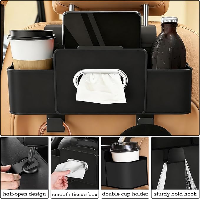 SADIFOKPLY 4-in-1 Back Seat Car Organizer, Upgraded Multifunctional Car Storage Box, Hanging Back Seat Storage Organizer, Partition Design, with Phone Holder, Tissue Box, 2 Cup Holders, 2 Hooks