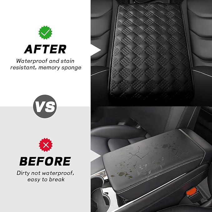 Hbxdeco Car Armrest Cushion, 12.2"×8.3" Leather Auto Memory Foam Center Console Pad with Storage Pocket, Waterproof & Anti-Scratch Elbow Pillow Armrest Seat Box Protector, Universal Fit (Black)