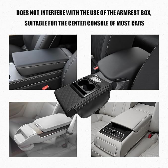Car Center Console Armrest Pillow, Leather Arm Rest Cover Pad with 2 Storage Pockets Cup Holder & Phone Slot, Soft Middle Console Cushion Protector for Most Vehicles (Black, Embroidered)