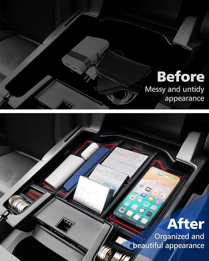 FIILINES Center Console Organizer for Dodge Ram 1500 2500 3500 2019-2025, Center Console Tray Secondary Armrest Storage Box ABS Insert Container with Anti-Slip Mats