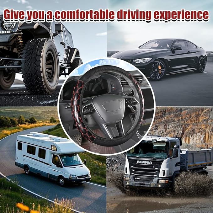 Car Steering Wheel Cover, 15 inch Elastic PU Leather Non-Slip Vehicle Steering Wheel Protector, Breathable Automotive Interior Accessories, Universal for SUV, Truck, RV (Red)