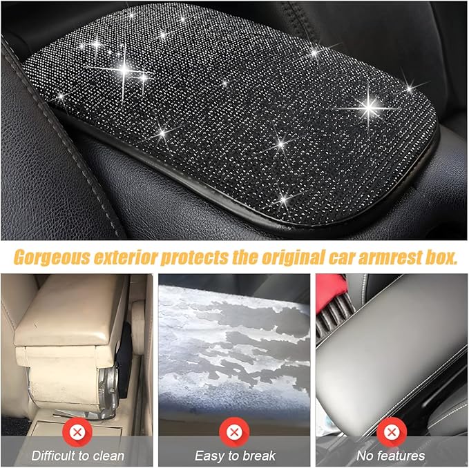 Moly Magnolia Bling Center Console Cover, Diamond Fashion ArmRest Pad, Crystal Soft Arm Rest Protective Cushion, Car Accessories for Women Girls, 11.8"×8.5" for Most of Vehicles, SUVs, Trucks (Black)