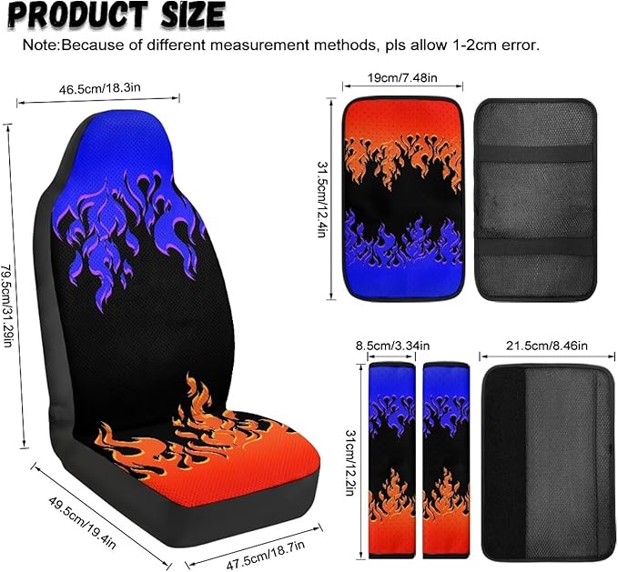 Oramclsy Flame Car Front Seat Covers Set with Armrest Pad All Season PU Breathable Seat Belt Pad Universal Fit Most Truck SUVs