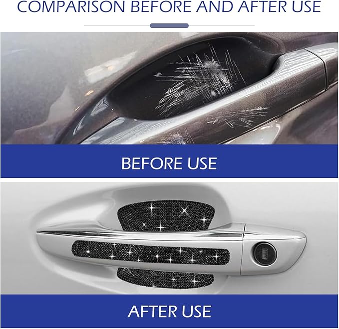 8PCS Bling Car Door Handle Protectors, Shiny Auto Doors Bowl Protective Sticker, Crystal Rhinestone Door Handle Scratch Decals, Auto Vehicle Protector Decor Covers (Black)