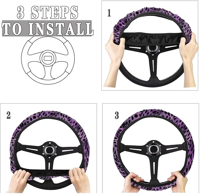 Universal Non-Slip Steering Wheel Cover, 15-inch Polyester Material Driving Accessories, Adjustable for Car and Truck(Artistic Amethyst Leopard)