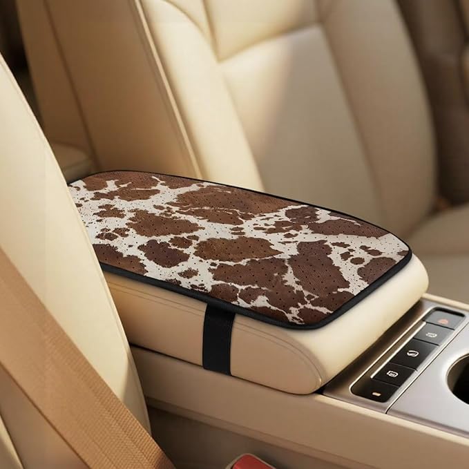 Qeluxign Cow Print Auto Seat Covers with Car Center Console Cover, Belt Cover PU Leather Breathable Full Set Bucket Seat Covers, Pack of 5, Universal Fit for Sedan,SUV