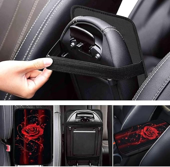 Mintutlipy 3D Red Rose Car Center Console Cover Car Storage Box Mat Car Decoration Universal 12.3×7.5 Inches Armrest Protector for Most Cars