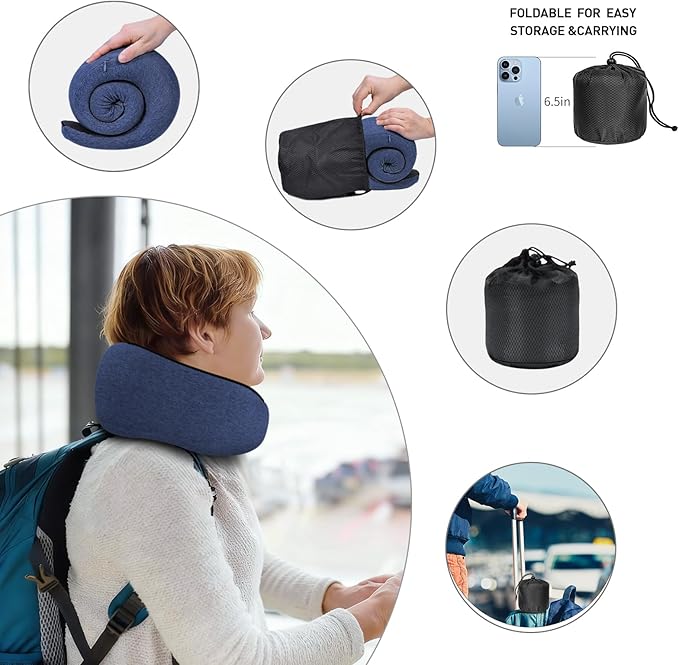 Dujuanus Neck Travel Pillows for Airplanes Memory Foam Neck Comfort Pillow Compact Ergonomic Design Sleeping Essentials for Long Flights Car Rides and Home Use (Blue)