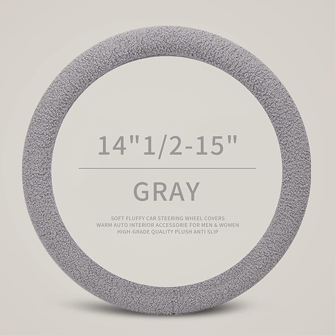 Furry Winter Car Steering Wheel Cover for Women, Soft Fleece Short Plush Warm Universal Auto Accessories for Vehicle, Sedan, Fuzzy, Anti Slip, Gray, Standard Size, 14.75-15.15in