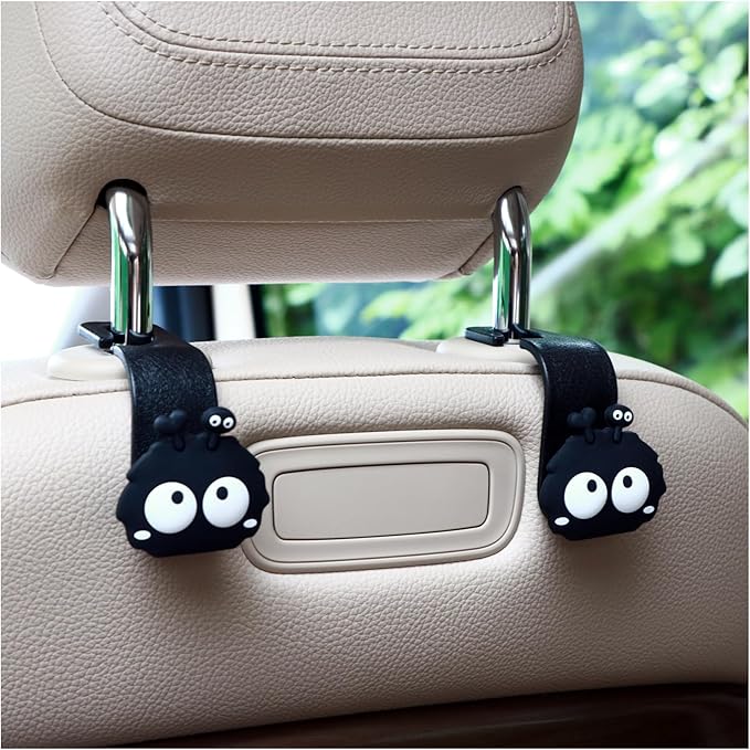 Car Seat Headrest Hook Soot Sprite Plush Auto Hooks for Purses and Bags, Cute Car Accessories, Universal Vehicle Storage Organizer, 2pcs (Sprite-Ear)