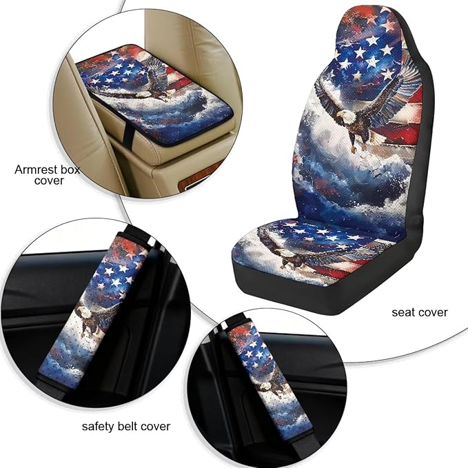 Qeluxign Car Accessories Set for Women American Flag Bald Eagle Center Console Armrest Pad Seat Belt Cushion Universal Car Accessories for SUV Van Truck