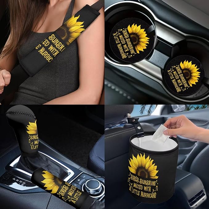 Dngkaoje Sunflower Car Seat Cover Set 13 Pack She's Sunshine Sunflower Auto Front Rear Seat Protector Full Set Universal Car Accessories with Seatbelt Shoulder Pads,Steering Wheel Covers,Garbage Bin
