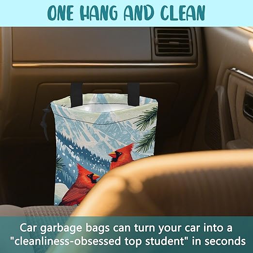 KXWQTRDD Red Cardinals Pine Branch Car Garbage Bag Snowy Mountain Hanging Canvas Car Trash Bag Drawstring Car Back Seat Organizer for Car Back Front Seat Console with Adjustable Buckle